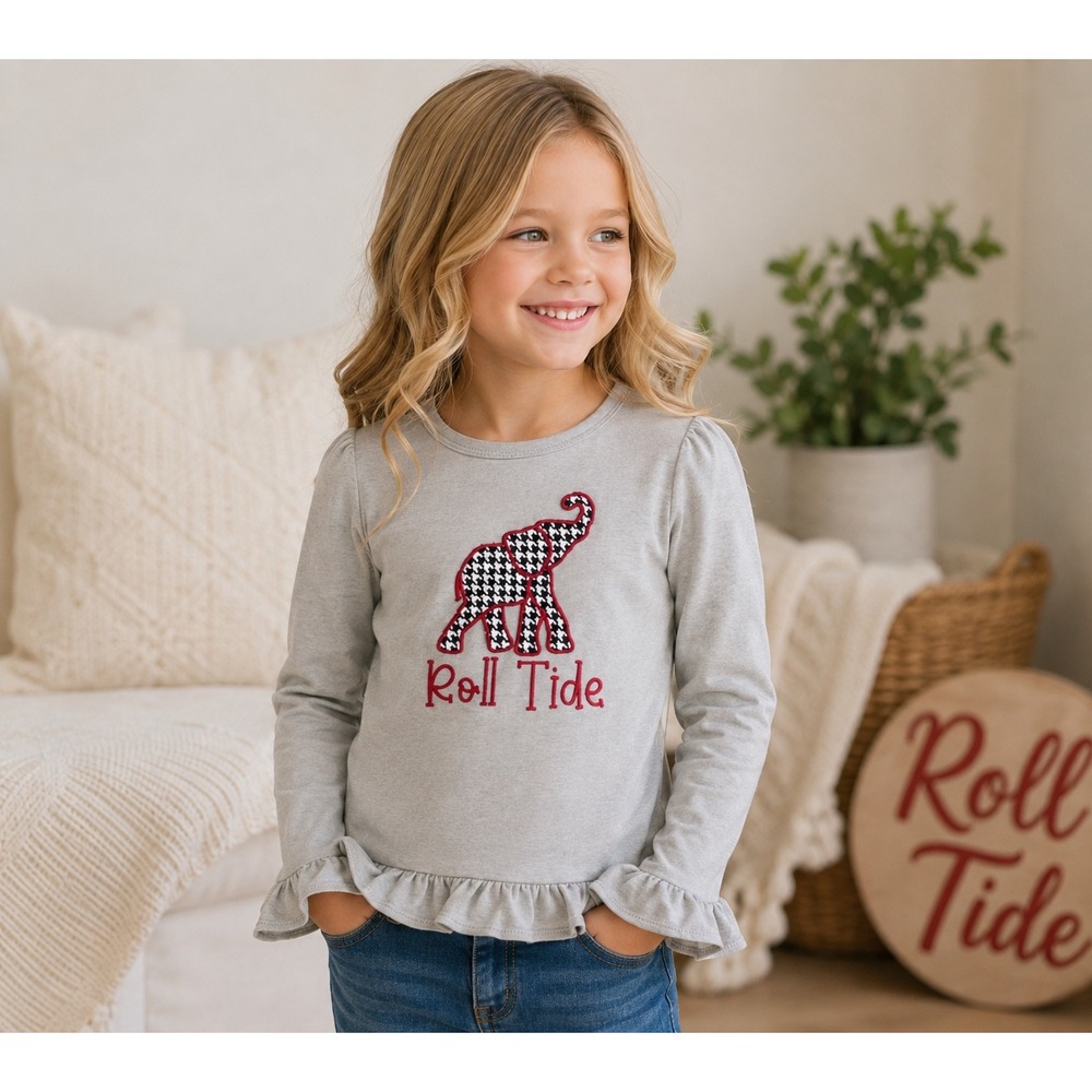 Boutique Kids Gray Roll Tide Alabama Appliqué Elephant Embroidered‎ Ruffle Top 6